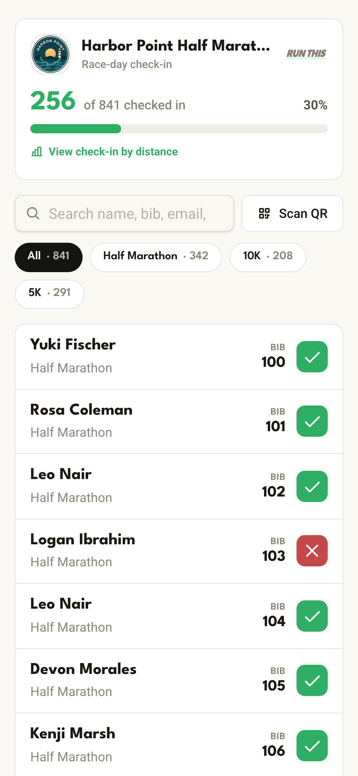 Race-day check-in on a phone, showing 256 of 841 runners checked in, QR scanning, and a roster with bib numbers