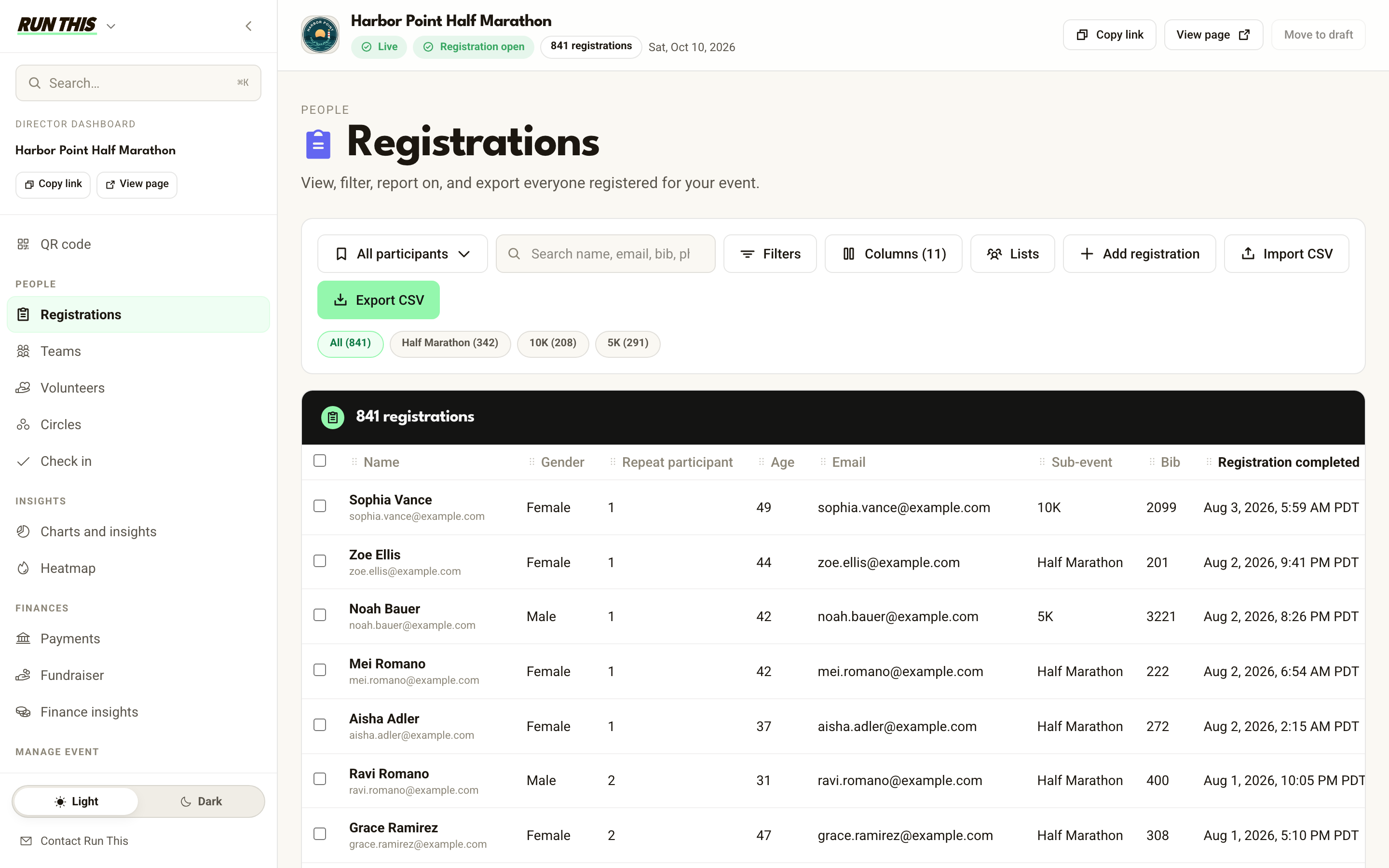 The Run This registrations roster on the web, listing 841 registrations with filters, saved views, columns, and CSV export