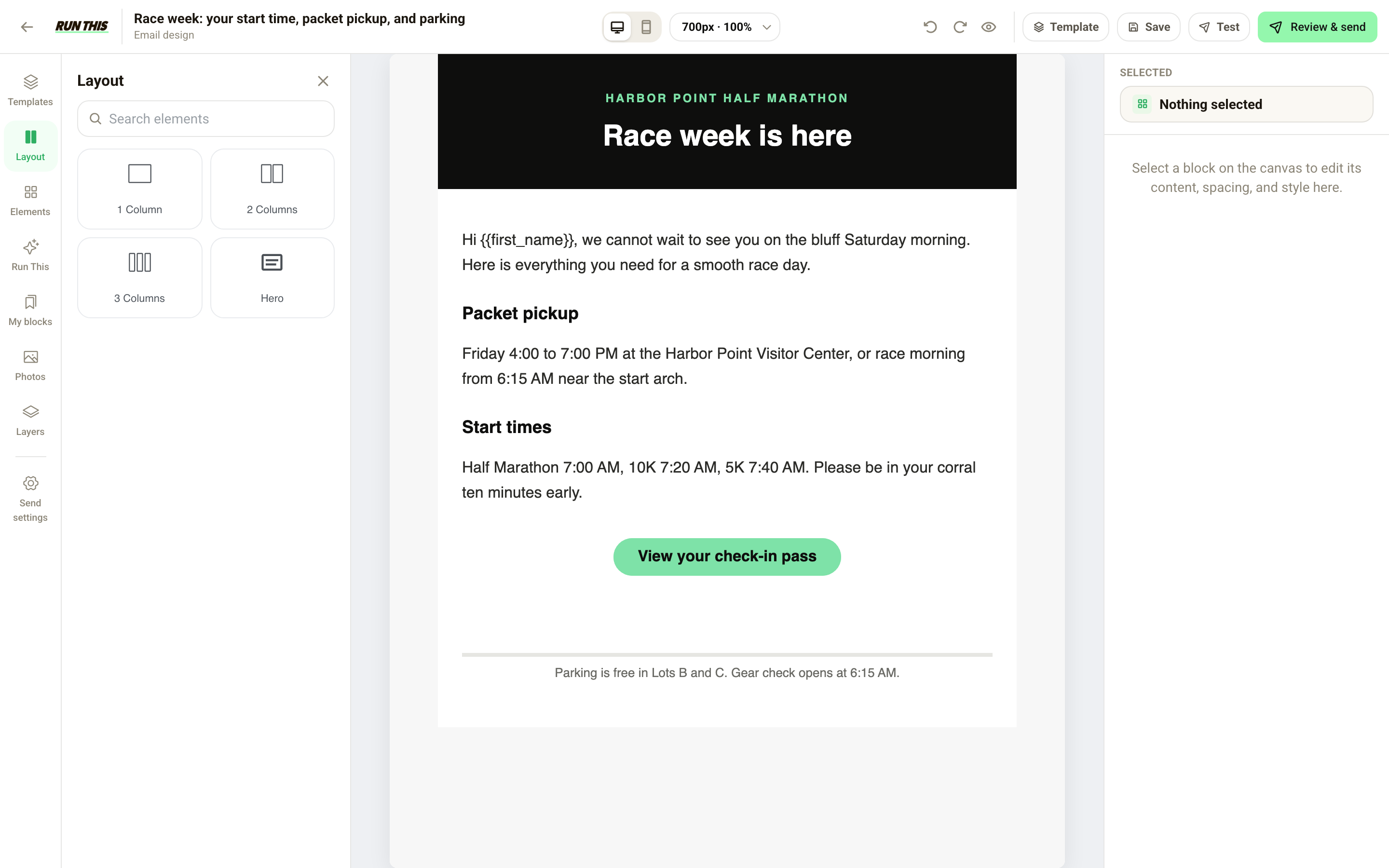 The Run This drag-and-drop email studio, with a race-week email on the canvas and a block palette alongside it